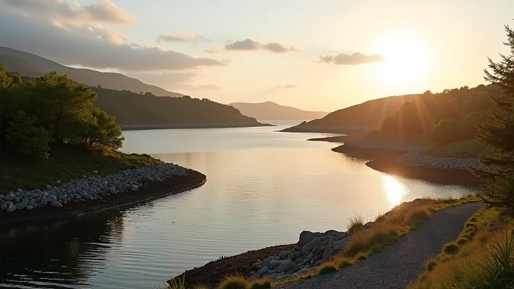 Sheltered bay at sunset with walking trails