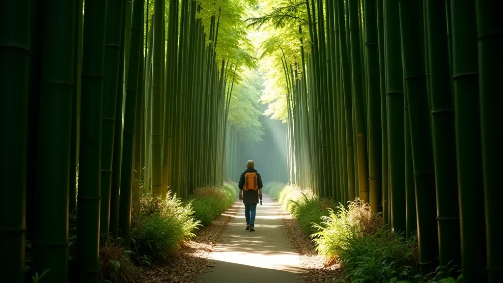 Peaceful bamboo forest pathway with natural lighting