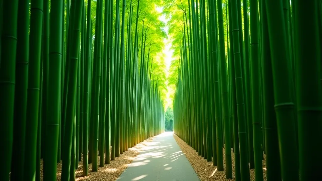 Bamboo forest with tall green stalks creating a peaceful canopy overhead