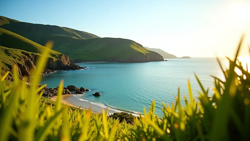 Summer coastal scene with golden sunlight, full green vegetation, blue water, clear sky
