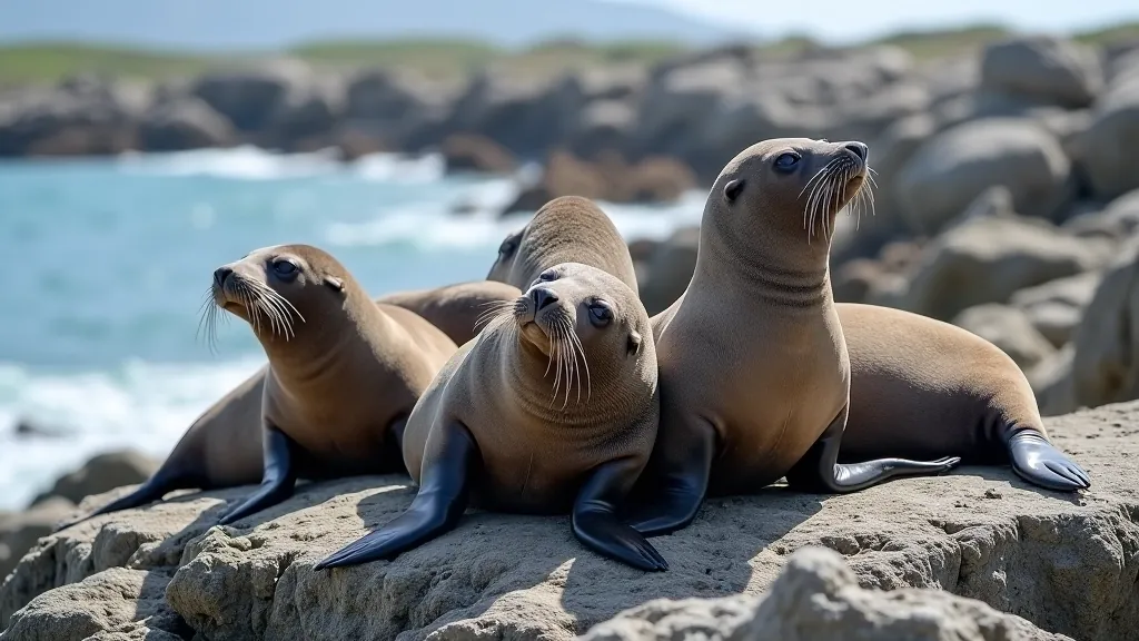 Group of harbour seals clustered on rocks during daytime rest period