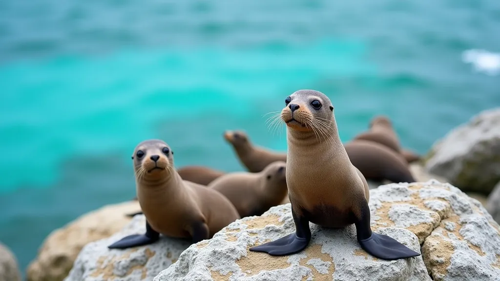 Harbor seals resting on coastal rocks near turquoise water