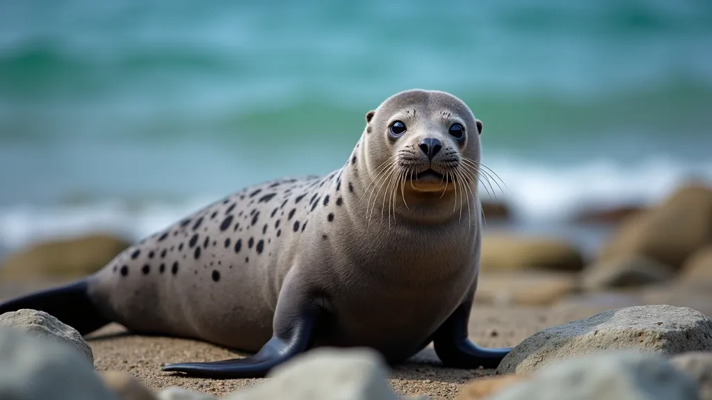 Close-up of harbour seal resting on rocky shore, spotted grey coat visible