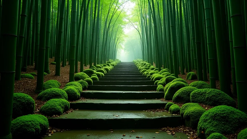 Hidden stone steps covered with moss leading deeper into bamboo forest, mysterious woodland path