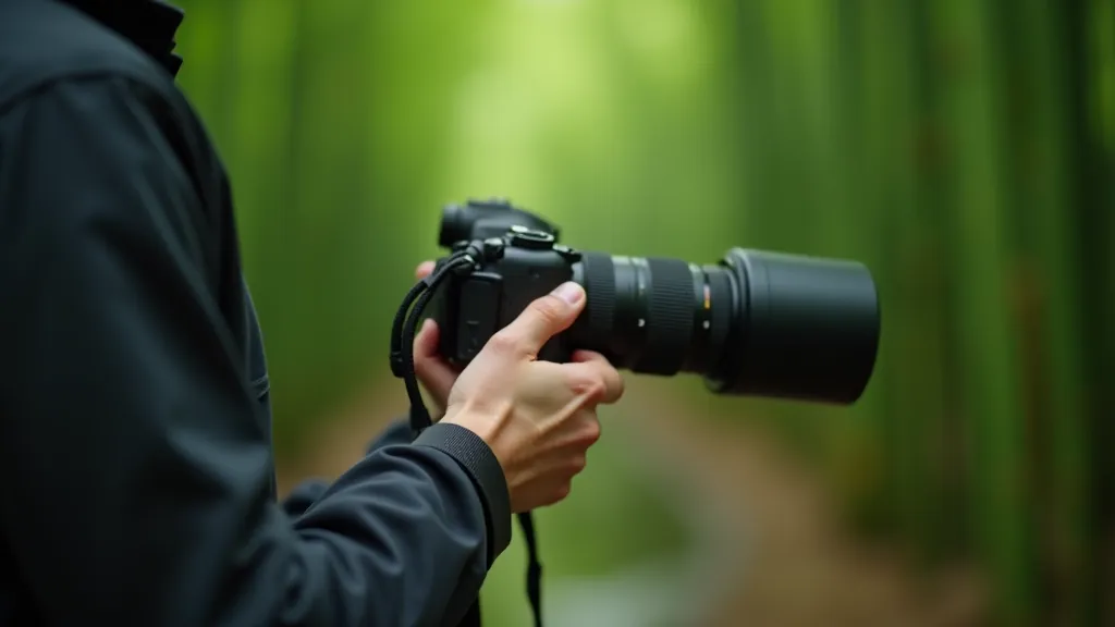 Close-up of camera lens with bamboo stalks in background, photography equipment for nature documentation