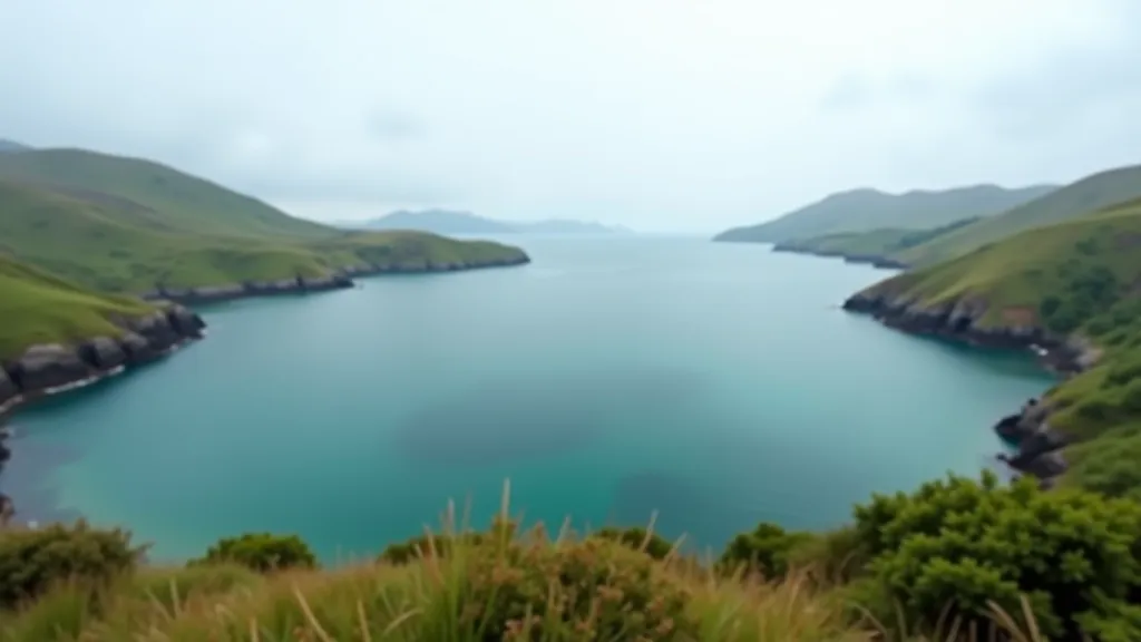 Expansive bay view from elevated headland perspective with rolling hills and distant coastline visible