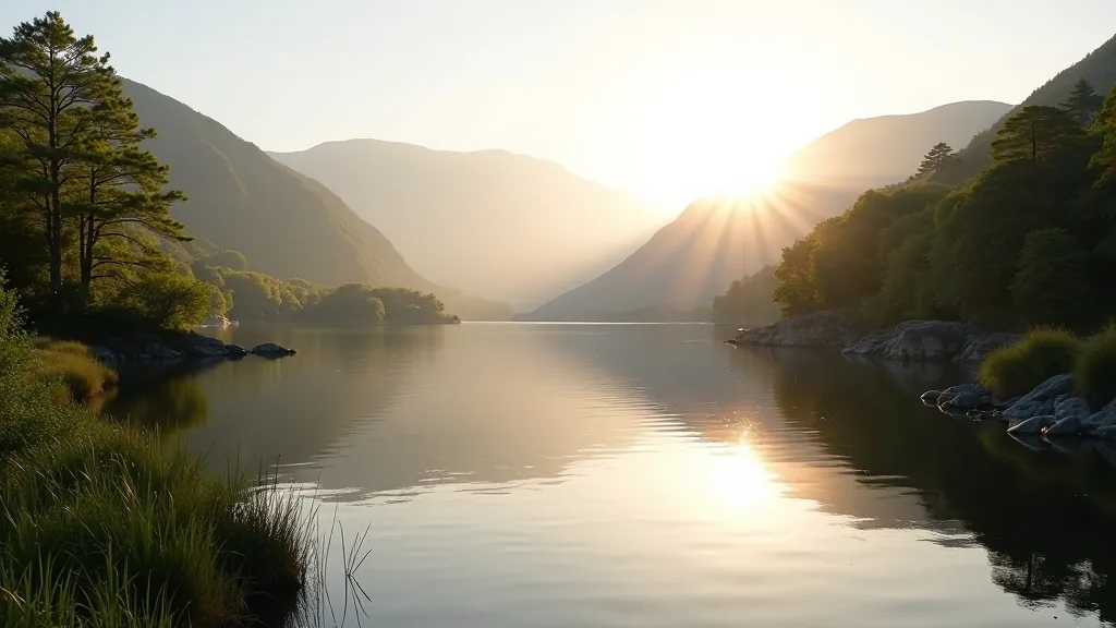 Calm bay waters with forested hillsides reflecting in still water at sunset