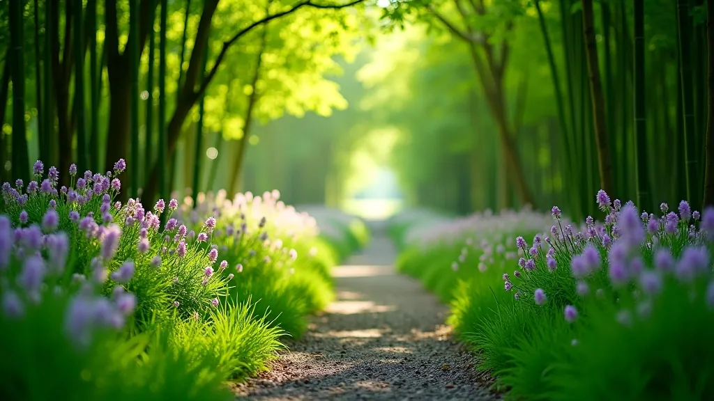 Spring woodland path with fresh green shoots, blurred purple flowering shrubs, and dappled sunlight