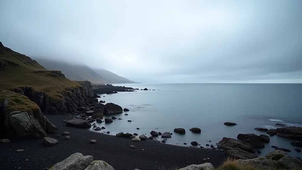 Winter coastal landscape with grey sky, rocky shoreline, calm sea, sparse vegetation